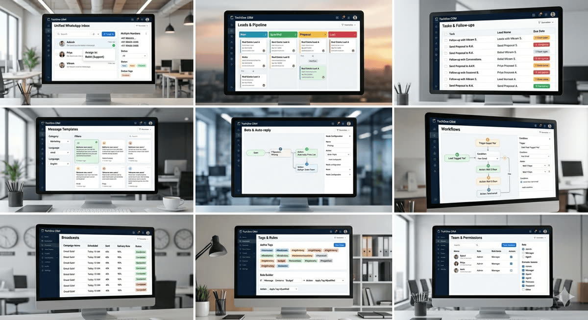 WhatsApp CRM product board highlighting inbox, pipelines, and campaigns